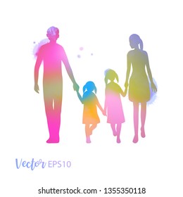 Parents having good time with their child.  Happy family walking together isolated on white background. Watercolor style. Vector illustration.
