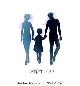 Parents having good time with their child.  Happy family walking together isolated on white background. Watercolor style. Vector illustration.