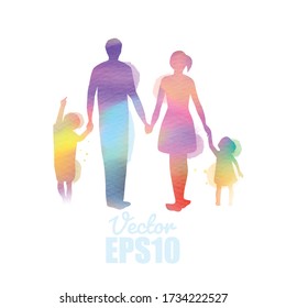 Parents having good time with their children.  Happy family walking together isolated on white background. Watercolor style.  Vector illustration.