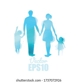 Parents having good time with their child.  Happy family walking together isolated on white background. Watercolor style.  Vector illustration.