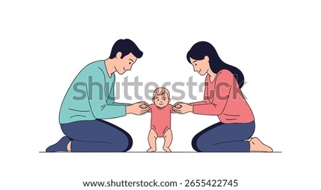 Parents help baby stand and learn to walk with their hands supporting the infant