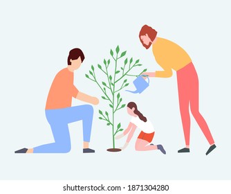 Parents help child plant tree, a vector chart
