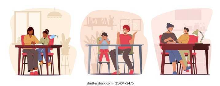 Parents Help Children with Homework. Homeschooling Education Concept. Mother and Father Sitting at Desk Teach Kids, Explain Lesson, Help with Home Work for School. Cartoon People Vector Illustration