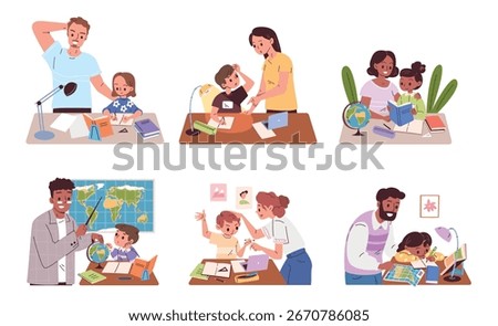 Parents help homework. Teacher teach school children, mother father study home work together kids parent assist tutor dad mom learning child education, classy vector illustration original artwork
