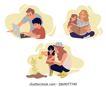 Сollection of parents help their child in learning. Doing homework on a laptop, reading a book and planting a tree. Vector illustration in cartoon style.