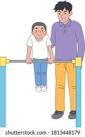 
Parents helping children practice horizontal bar