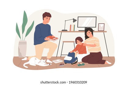 Parents helping to pack school bag for kid. Mother, father and child preparing textbooks and notebooks, putting them into schoolbag. Colored flat vector illustration isolated on white background