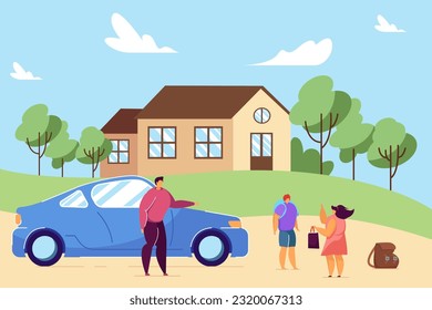 Parents helping son to get ready for trip vector illustration. Young people traveling by car at half-price in summer. Family going on vacation from cottage house. Summer trip, travel, tourism concept