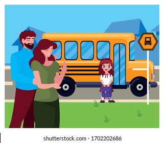 parents with her student daughter back to school vector illustration design