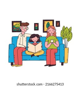 Parents and his daughter reading a book. Hand drawn flat colorful illustration. Isolated minimal illustration in doodle style.