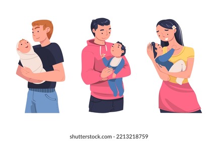 Parents holding babies in their arms set. Father and mother hugging small baby cartoon vector illustration