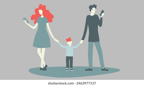 parents holding child's hands but watching cellphones