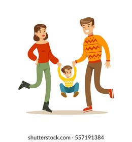 Parents Holding Hands With Kid, Happy Family Having Good Time Together Illustration