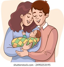 Parents holding newborn baby. Happy family portrait with father, mother and new born child. Wife and husband with infant in hands. Flat graphic vector illustration isolated on white background