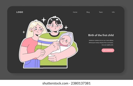 Parents holding newborn baby nighmode or darkmode web banner or landing page. Happy family, father, mother and first new born child. Wife and husband with cute infant. Flat vector illustration