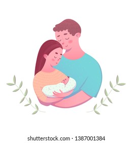 Parents holding newborn in their hands. Young family with little baby. Cute cartoon vector illustration. 
