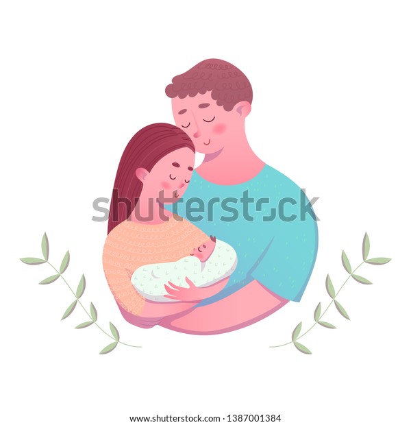 新生児を手に持つ親 赤ちゃんのいない若い家族 かわいい漫画のベクターイラスト のベクター画像素材 ロイヤリティフリー