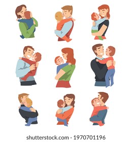 Parents Holding their Babies Set, Happy Parenting and Kids Care Cartoon Vector Illustration