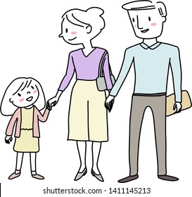 Parents holding their little daughter's hand, walking together. Father, mother and child walking hand in hand. Cheerful couple and little girl walking together. Dad, mom and kid standing together.