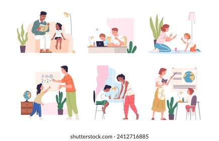 Parents homework. Father and mother teaching kids, parent acting mentor or tutor, family helping support home study education, dad control child learning vector illustration of education homework