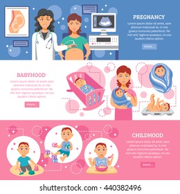 Parents horizontal flat banners set with childhood and babyhood symbols isolated vector illustration 