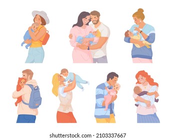 Parents hug newborn. Family hugging baby, parent care, mother and father hold kid, mom love child, happy dad cuddle toddler, healthy offspring cartoon vector. Illustration of mother with newborn baby