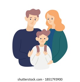 Los padres abrazan y apoyan a su hijo en su primer día en el colegio. Madre y padre cuidan y aman a su hijo. Feliz retrato familiar. Escena de crianza, unión. Ilustración de dibujos animados de vector plano