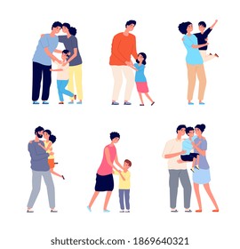 Parents hugging child. Family embracing, dad mom hug daughter. Friendship romantic relationship, adult holding baby utter vector characters