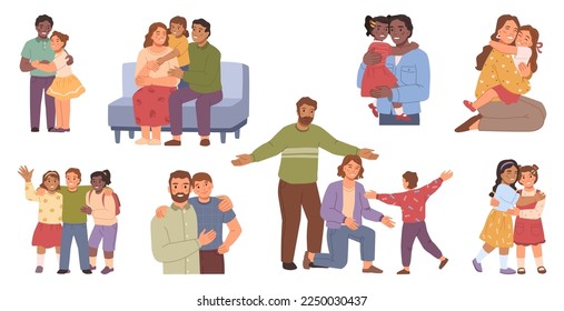 Parents hugging children, happy family relationship and spending time together. Dad and mom with son and daughter, sisters and brothers. Vector in flat style