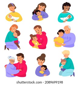 Parents hugging kids. Happy moms or dads embracing children. Different ages. Elderly people with toddlers. Family generation. Mothers holding babies. Vector senior and young persons set