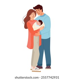 Parents hugging newborn baby Happy family and childhood concept Young smiling parents mother and father standing and holding infant newborn baby in hands feeling love Flat vector illustration isolated