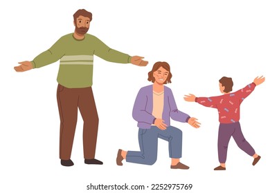 Parents hugging running kid, isolated child heads to mother and father with stretched arms ready to cuddle. Happy family relationships. Vector in flat style