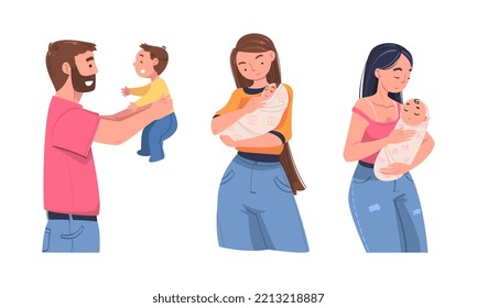 Eltern, die kleine Babys umarmen. Happy Parenthood Concept Cartoon Vektorgrafik