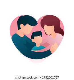 Parents hugging son, family embracing together in heart shape, family day concept, vector illustration