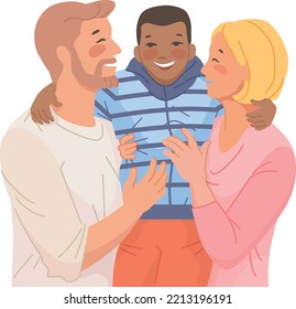 Parents hugging with son. Happy family laughing together isolated on white background