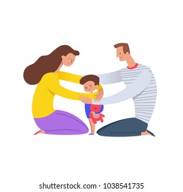 Parents hugging son. Mom and dad embracing their child holding teddy bear. Concept of loving family and happy parenting. Flat cartoon characters isolated on white background. Vector illustration.