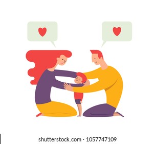 Parents hugging son. Mom and dad embracing their child and talking to him. Concept of loving family and happy parenting. Flat cartoon characters isolated on white background. Vector illustration.