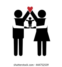 Parents icon standing together with kid on their arms. Parents arms forming house with heart on the top