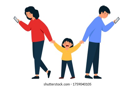 Parents ignore the child. Father and mother hold a crying daughter by the hand. Illustration on a white background. 