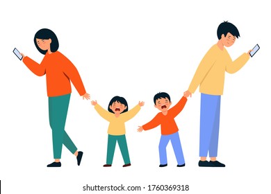 Parents ignore their child. A man and a woman look at smartphones and do not pay attention to crying. Illustration on a white background.