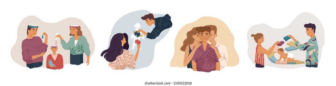 Parents influence on child development vector illustrations set. Family relationship, parenthood, childcare, parental care concepts. Mother, father sharing knowledge with kid metaphor.