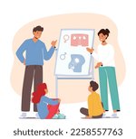 Parents Inform Kids About Their Sexual And Reproductive Health. Characters Promote Healthy Attitudes, Behaviors, Relationships. Anatomy, Contraception, Infections. Cartoon People Vector Illustration