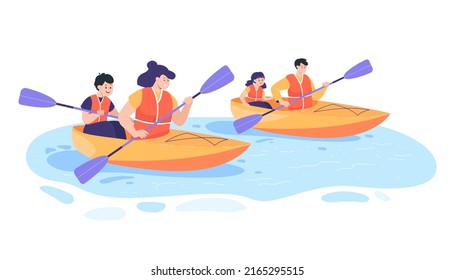 Parents kayaking with children on river or lake. Persons with kids rafting on kayaks with paddles or oars flat vector illustration. Family, summer, active lifestyle concept for banner, website design