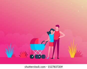 Parents with kid in baby carriage strolling together. Flat vector
