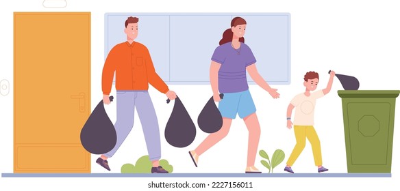 Parents and kid carrying trash bags to garbage can. Family housework isolated on white background