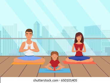 Parents with kid does yoga various exercises. Family yoga vector illustration.