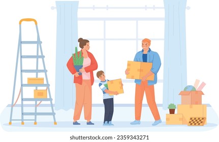 Parents and kid hold cardboard boxes. Family moving house isolated on white background