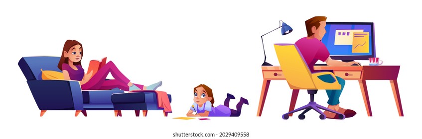 Parents and kid at home, isolated mom sitting on couch and read, father working at computer, child drawing on floor. Family staying in house, hobby activities. Flat style cartoon character, vector