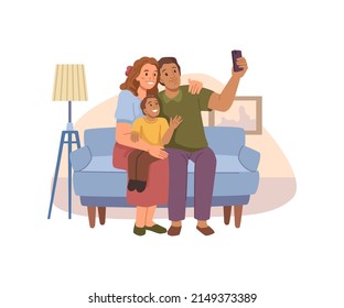 Parents with kid on laps taking selfie on smartphone for memories. Vector flat cartoon characters, husband and wife with son at home. Living room interior of house, happy couple with kid