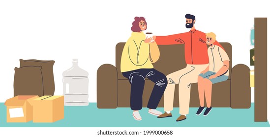 Parents And Kid In Secret Base Underground Bunker. Scared Family Hiding From Military Or Natural Catastrophe In Home Shelter Room. Cartoon Flat Vector Illustration